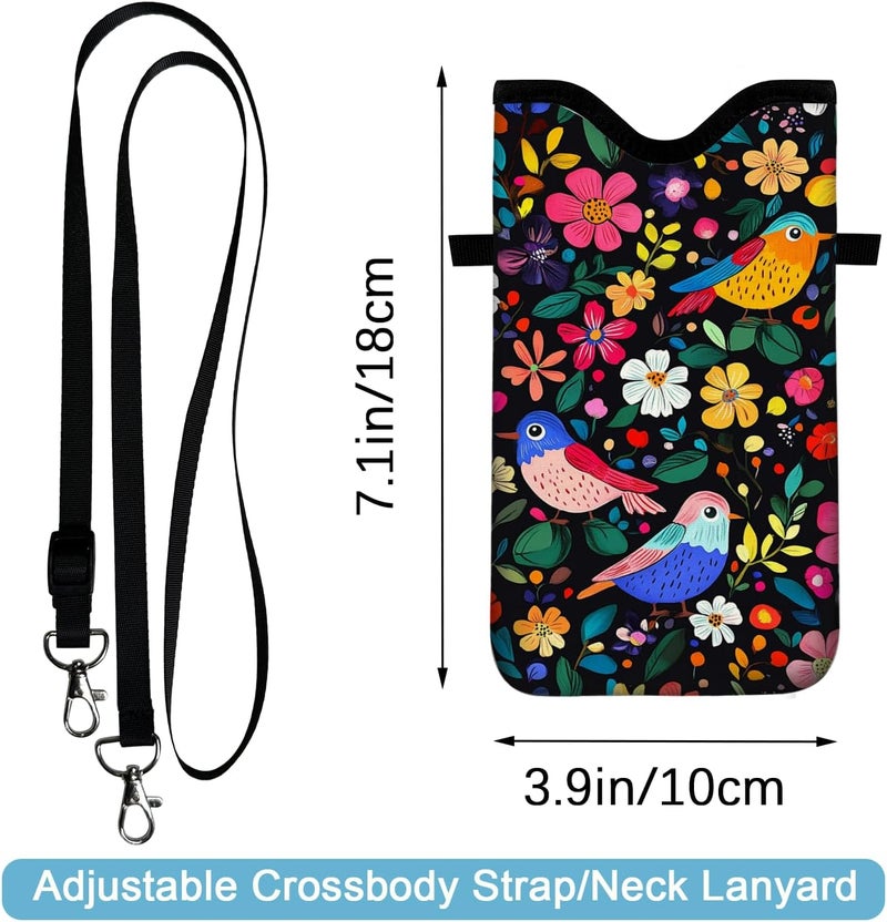 otilil Neoprene Cell Phone Sleeve Pouch Case Bag with Crossbody Strap Neck Lanyard for Women 7.1 X 3.9 in Flower Bird Pattern - Image 2